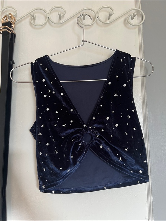 Tops - Velvet Star-Embellished Navy Twist-Front Crop Top